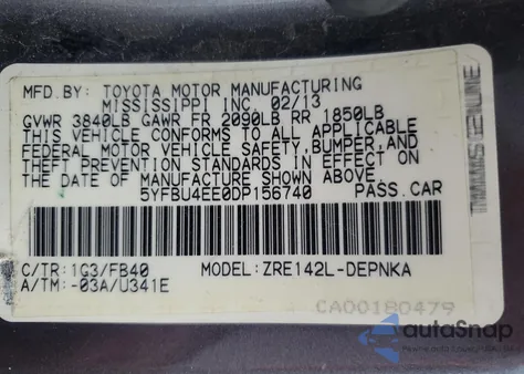 2013 Toyota Corolla Base из США, поврежденный, VIN 5YFBU4EE0DP156740